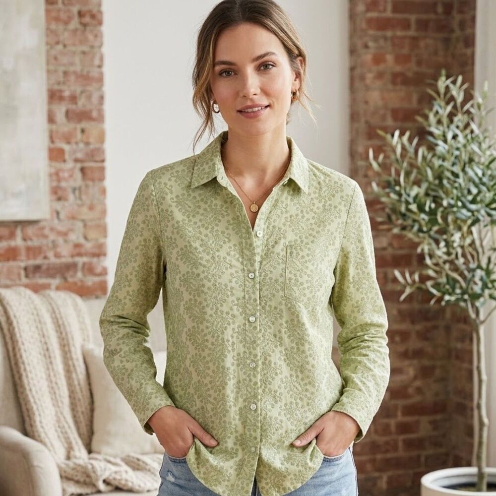 J Jill Paisley Embroidered Shirt Womens S Sage Green Cotton Button Up Boho Top